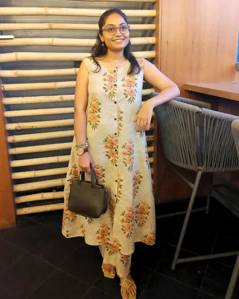 Floral Printed Beige Cotton Kurta - Sleeveless Summer Co-ord
