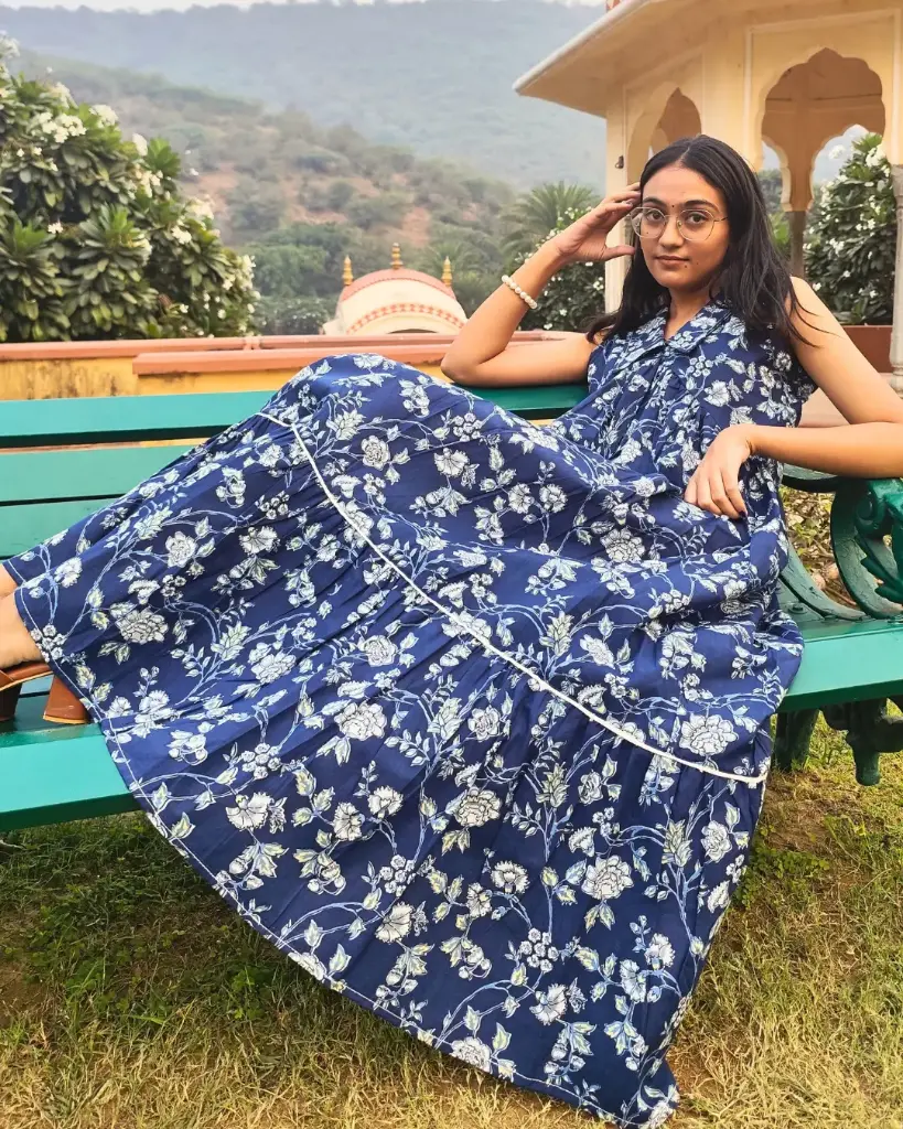 Navy Blue Tiered Floral Maxi Dress