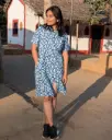 Blue and White Printed Shirt Dress with Elastic Waist