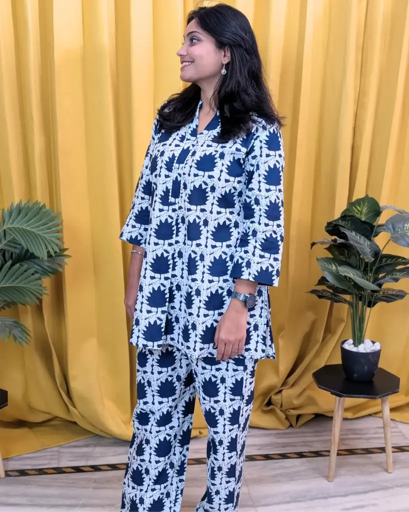 Indigo Leaf Print Cotton Co-ord Set