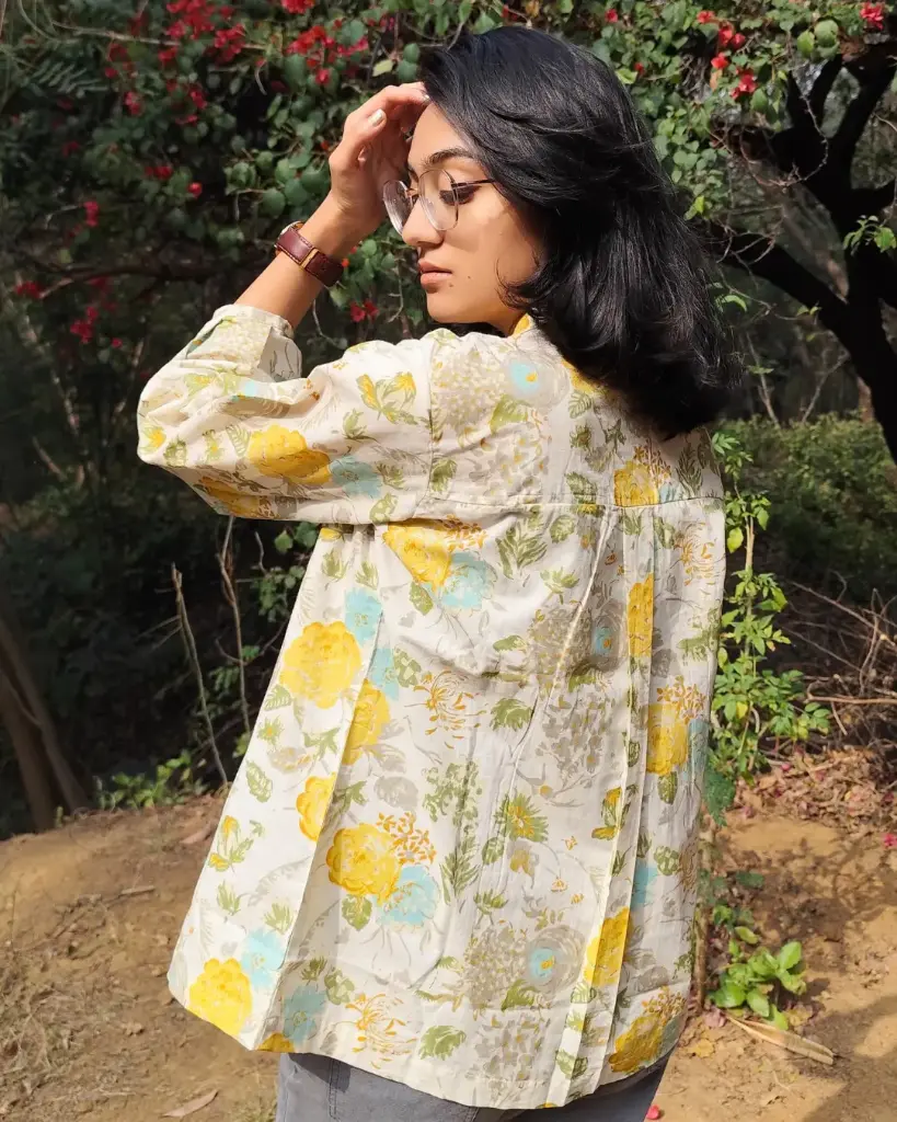 Floral Print Front Pleated Casual Cotton Top 