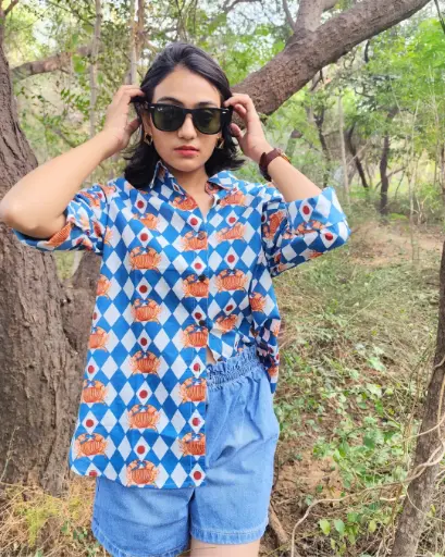 Crab Print Cotton Casual Summer Shirt