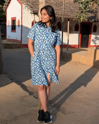Blue and White Printed Shirt Dress with Elastic Waist