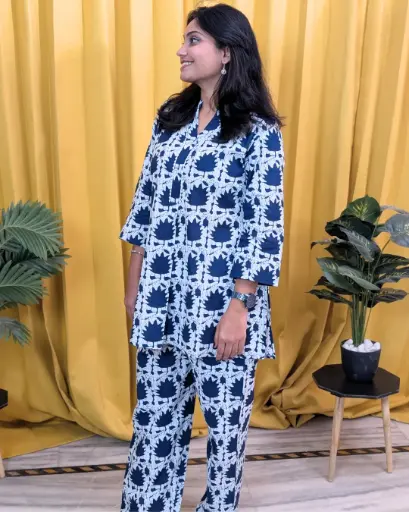 Indigo Leaf Print Cotton Co-ord Set