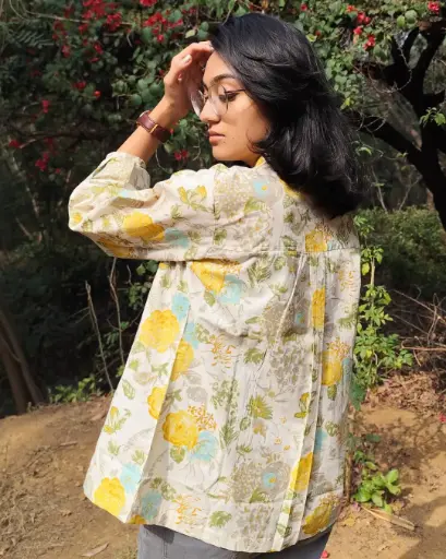 Floral Print Front Pleated Casual Cotton Top 