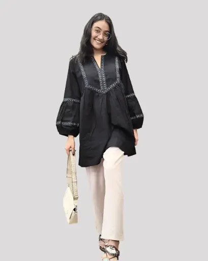 Black Laced Cotton Tunic Top 