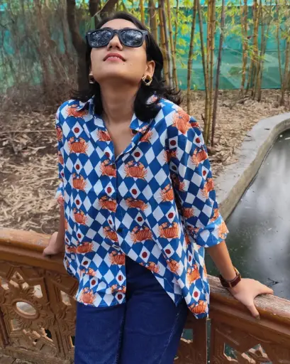 Bold Crab Print Cotton Shirt For Women | Casual Summer Shirt | Statement Print Shirt for Women | Women Loose Fit Shirt | Over Sized Shirt