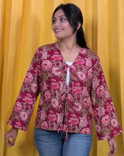 Maroon Front Tie- up Cotton Top with Flared Sleeves
