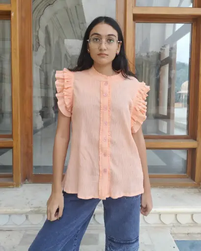 Cotton Crepe Peach Ruffle Sleeve Button-Down Top